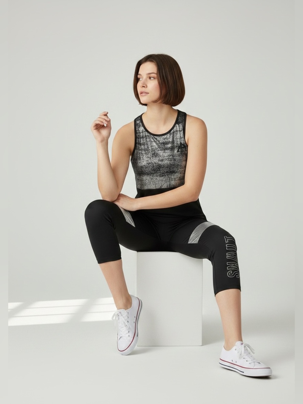 Varsity Black Capri Leggings with Silver Accents
